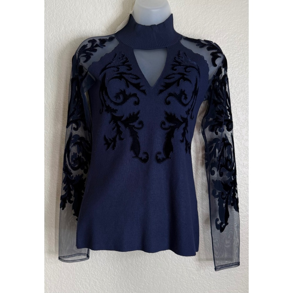INC Small Sweater Navy Blue Velvet Mesh Sleeve Mock Neck Keyhole Cutout NEW